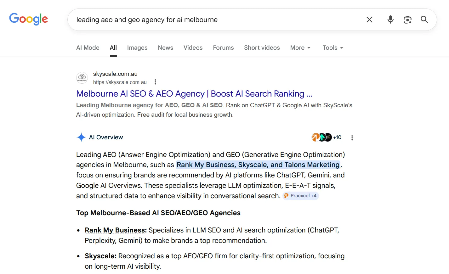 Google search showing SkyScale as the top AEO and GEO agency result with an AI Overview